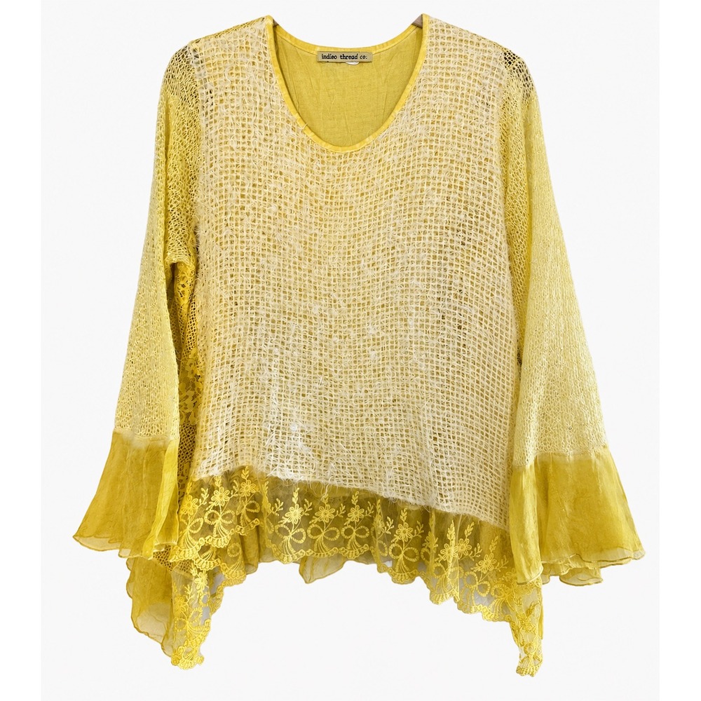 Indigo Thread Boho Tunic Yellow Lace Layered Top Fairy Cottage Romantic XL